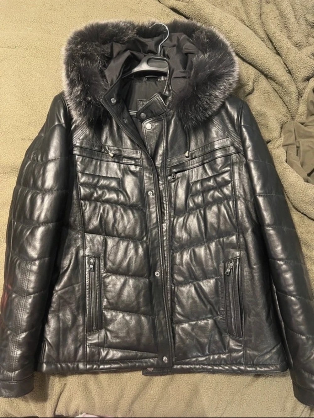 Men's Paul Parker Black Quilted Genuine Leather Jacket with Faux Fur-Trim Hood